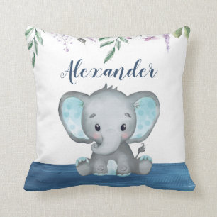 Cute Elephant Baby Boy Custom Name Blue Wood Cushion