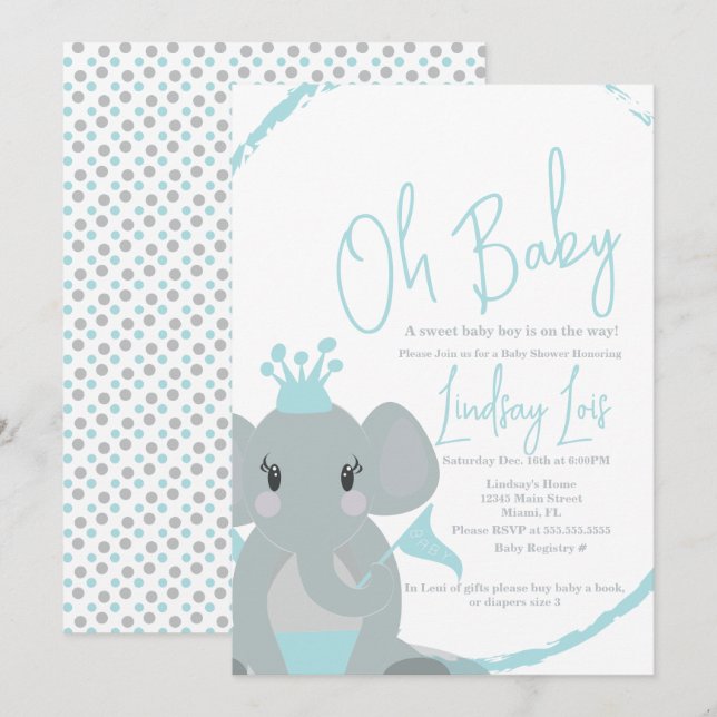 Cute Elephant Baby Boy Elegant Script Baby Shower  Invitation (Front/Back)