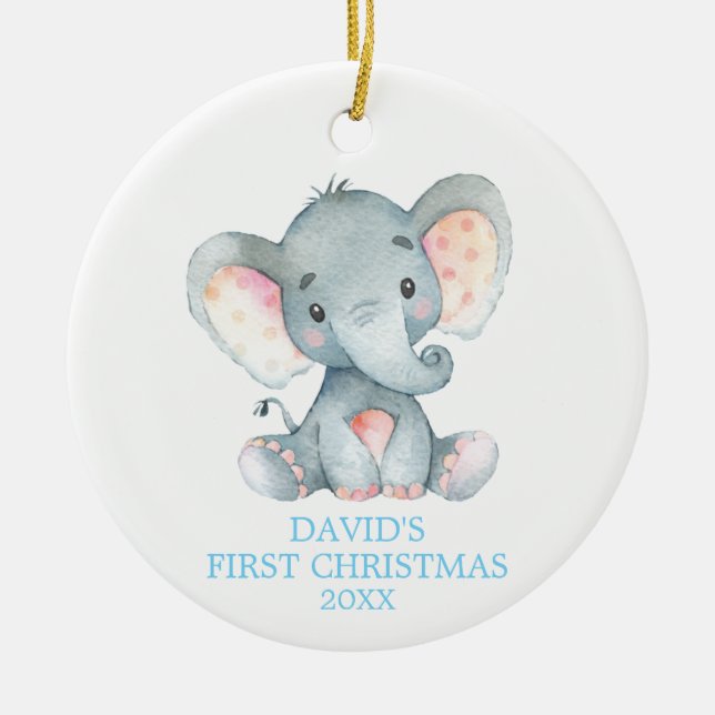 Cute Elephant Baby Boy First Christmas Blue Ceramic Tree Decoration (Front)