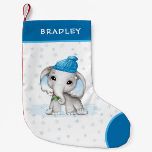 Cute Elephant Baby Boy Winter Snowflakes Name Small Christmas Stocking