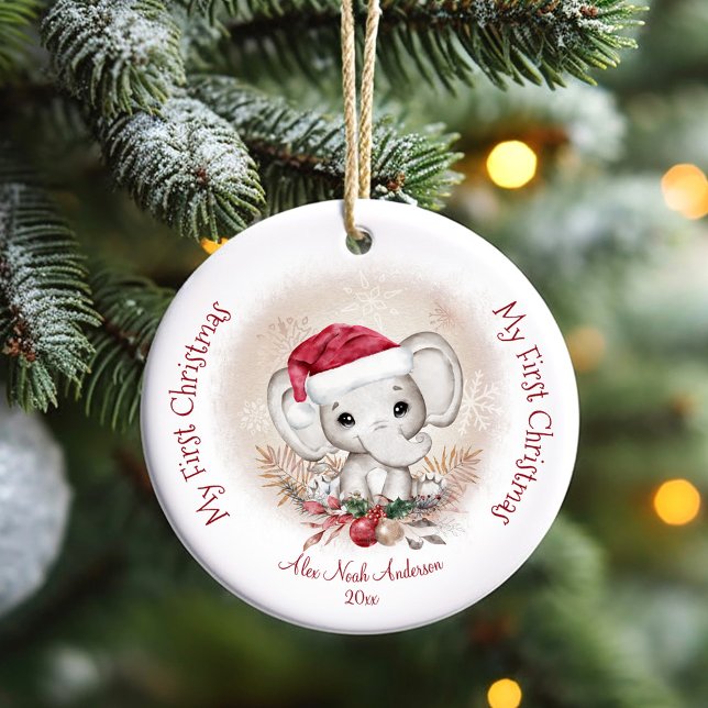 Cute Elephant Baby First Christmas Boy Name  Ceramic Tree Decoration (Personalized first Christmas ornament with a cute elephant with Santa hat)