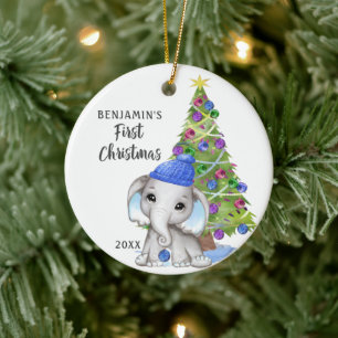 Cute Elephant Baby First Christmas Boy Photo Ceramic Tree Decoration