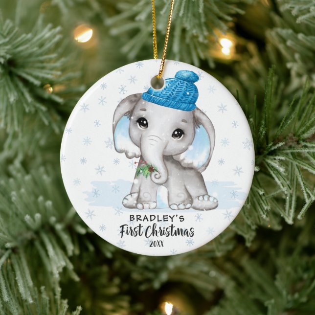 Cute Elephant Baby First Christmas Boy Photo Name Ceramic Tree Decoration (Tree)