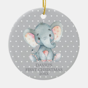Cute Elephant Baby First Christmas Grey Ceramic Tree Decoration