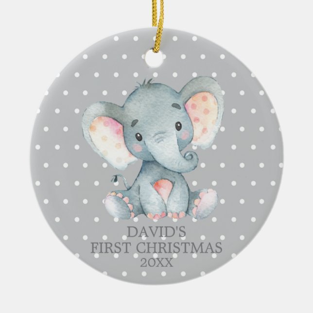 Cute Elephant Baby First Christmas Grey Ceramic Tree Decoration (Front)