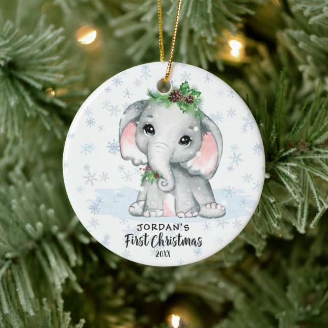 Cute Elephant Baby First Christmas Photo Name Ceramic Tree Decoration (Tree)
