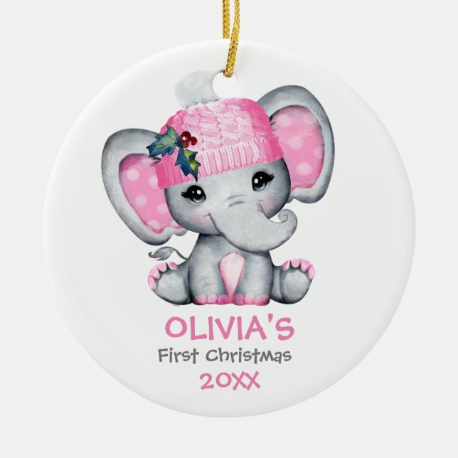 Cute Elephant Baby Girl Baby's First Christmas Ceramic Tree Decoration (Front)