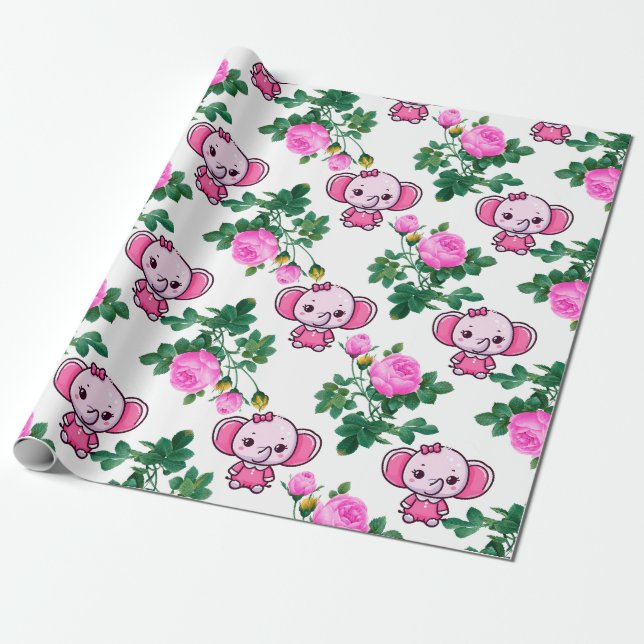 Cute Elephant Baby Girl Birthday Wrapping Paper (Unrolled)