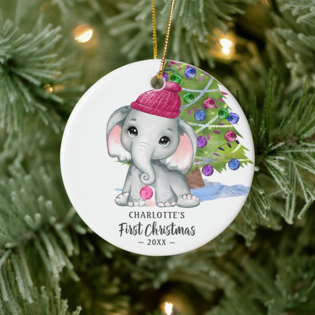Cute Elephant Baby Girl First Christmas Photo Ceramic Tree Decoration (Tree)