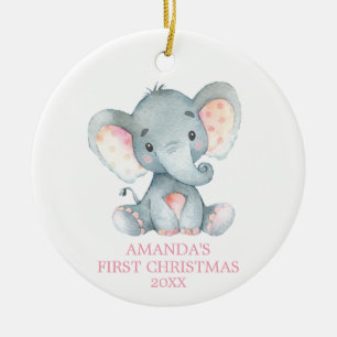 Cute Elephant Baby Girl First Christmas Pink Ceramic Tree Decoration