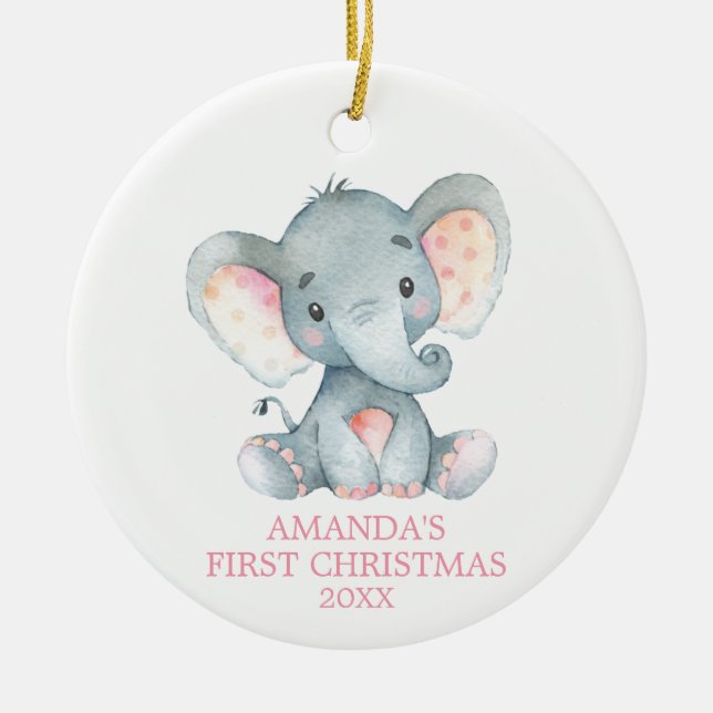 Cute Elephant Baby Girl First Christmas Pink Ceramic Tree Decoration (Front)