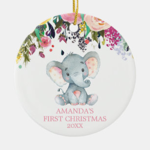 Cute Elephant Baby Girl First Christmas Pink Ceramic Tree Decoration