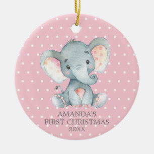 Cute Elephant Baby Girl First Christmas Pink Ceramic Tree Decoration