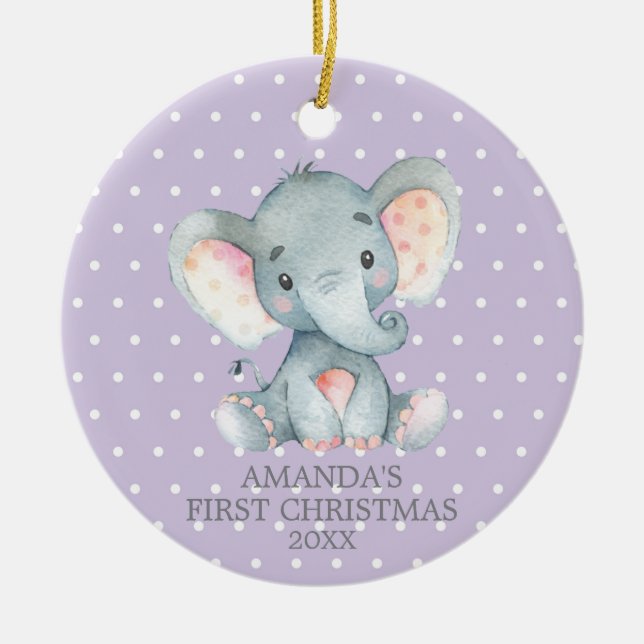Cute Elephant Baby Girl First Christmas Purple Ceramic Tree Decoration (Front)