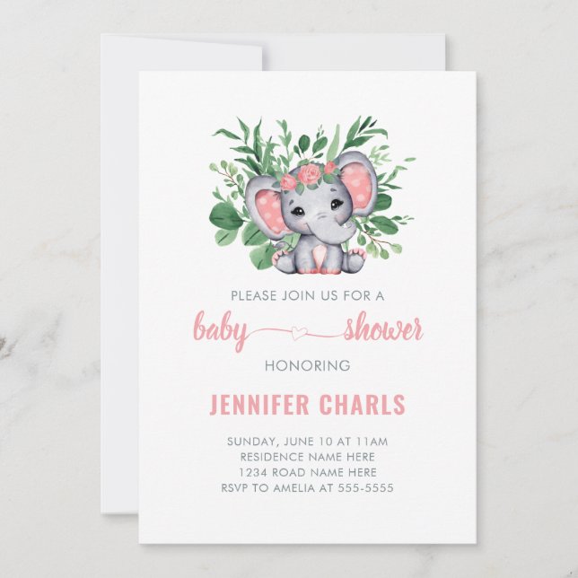 Cute Elephant Baby Girl Greenery White Invitation (Front)