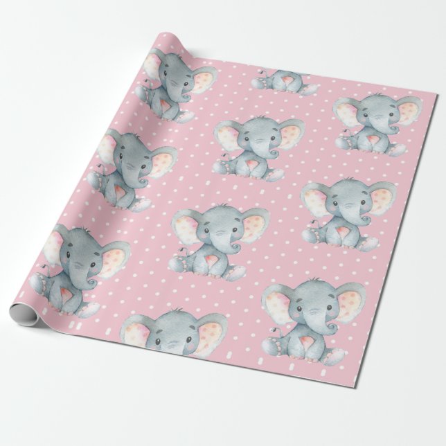 Cute Elephant Baby Girl Pink and Gray Wrapping Paper (Unrolled)