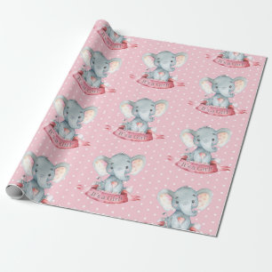 Cute Elephant Baby Girl Pink and Gray Wrapping Paper