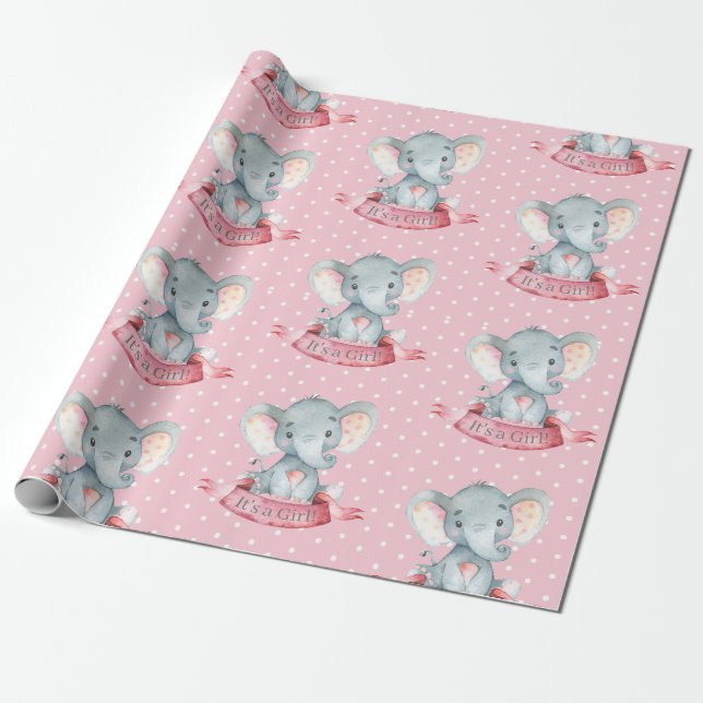 Cute Elephant Baby Girl Pink and Gray Wrapping Paper (Unrolled)