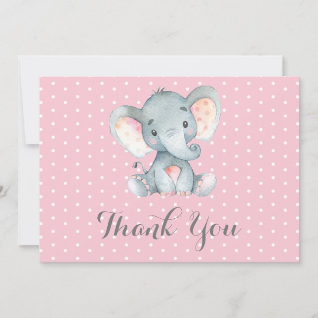 Cute Elephant Baby Girl Pink and Grey Thank You Card (Front)
