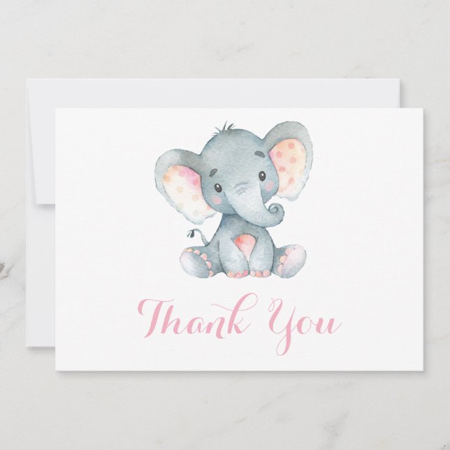 Cute Elephant Baby Girl Pink and Grey Thank You Card (Front)