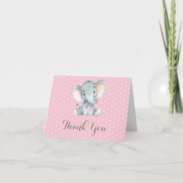 Cute Elephant Baby Girl Pink and Grey Thank You Card (Front)