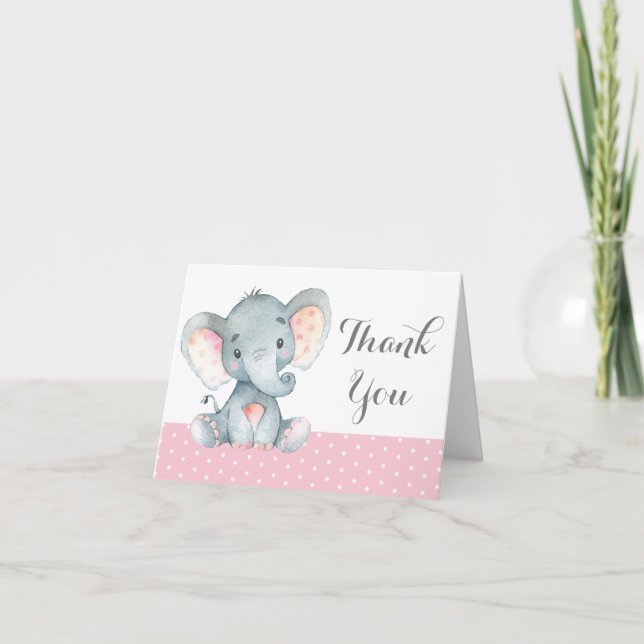 Cute Elephant Baby Girl Pink and Grey Thank You Card (Front)