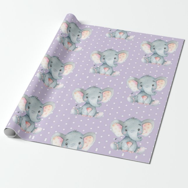 Cute Elephant Baby Girl Purple and Gray Wrapping Paper (Unrolled)