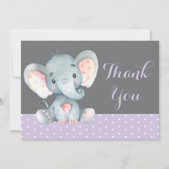 Cute Elephant Baby Girl Purple and Grey Thank You Card (Front)