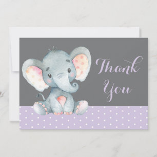 Cute Elephant Baby Girl Purple and Grey Thank You Card
