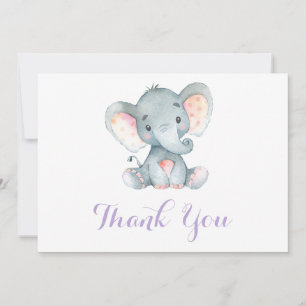 Cute Elephant Baby Girl Purple and Grey Thank You Card