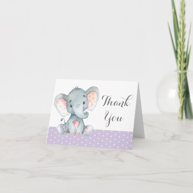 Cute Elephant Baby Girl Purple and Grey Thank You Card (Front)