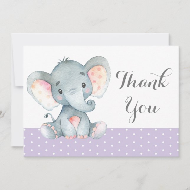 Cute Elephant Baby Girl Purple and Grey Thank You Card (Front)