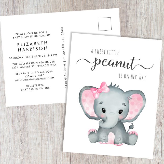 Cute Elephant Baby Girl Shower Invitation Postcard (Creator Uploaded)