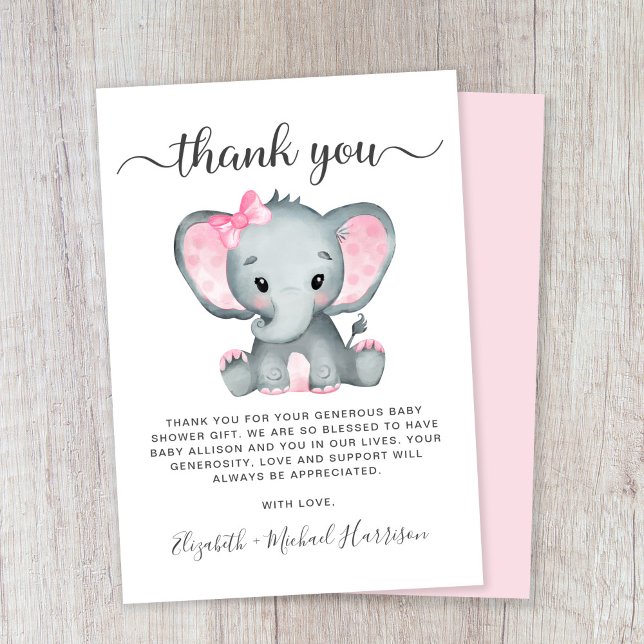 Cute Elephant Baby Girl Shower Thank You Card (Creator Uploaded)