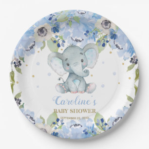 Cute Elephant Baby Shower Blue Floral  Paper Plate