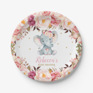 Cute Elephant Baby Shower Blush Floral Dessert 7" Paper Plate