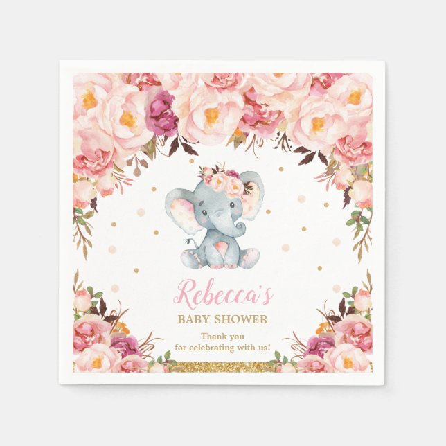 Cute Elephant Baby Shower Blush Floral Serviettes Napkin (Front)