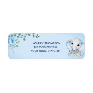 Cute Elephant Baby Shower Boy Blue Floral Address