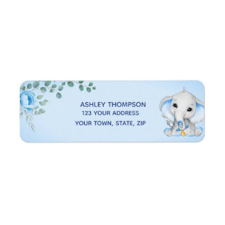Cute Elephant Baby Shower Boy Blue Floral Address