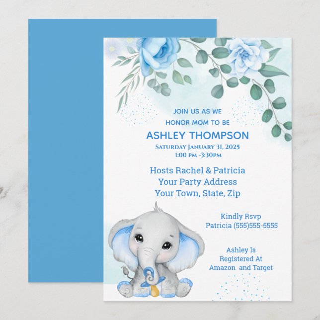 Cute Elephant Baby Shower Boy Blue Floral Invitation (Front/Back)