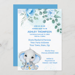 Cute Elephant Baby Shower Boy Blue Floral Invitation