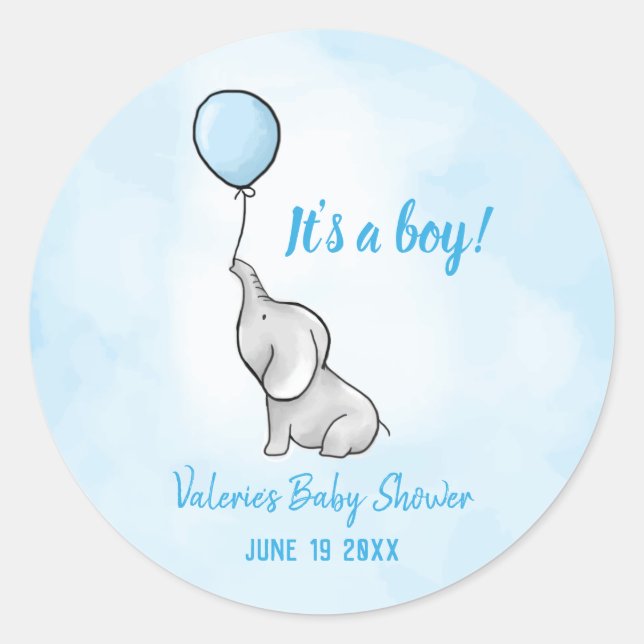 Cute elephant baby shower boy classic round sticker (Front)