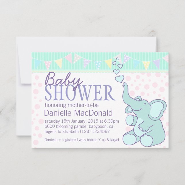 Cute Elephant baby shower bunting invitation (Front)