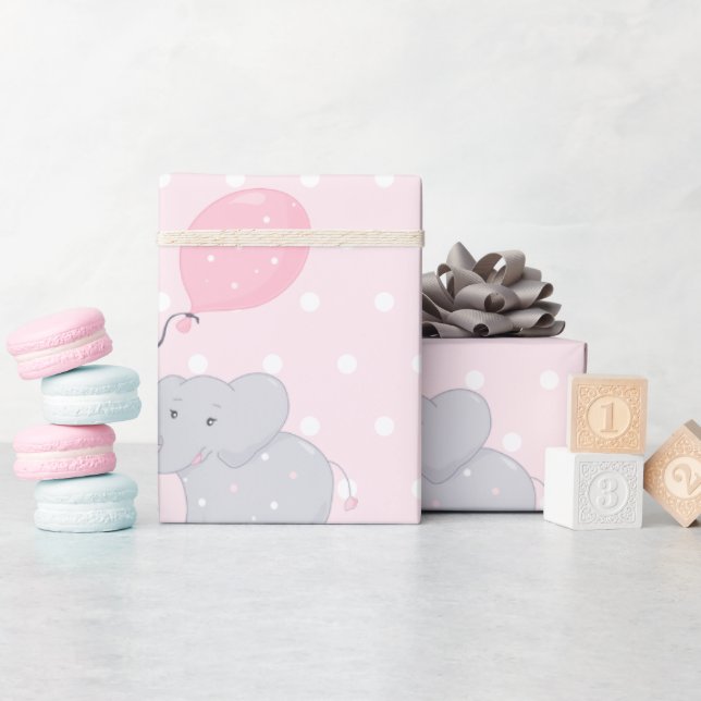 Cute Elephant Baby Shower Girl Pink Wrapping Paper (Baby Shower)