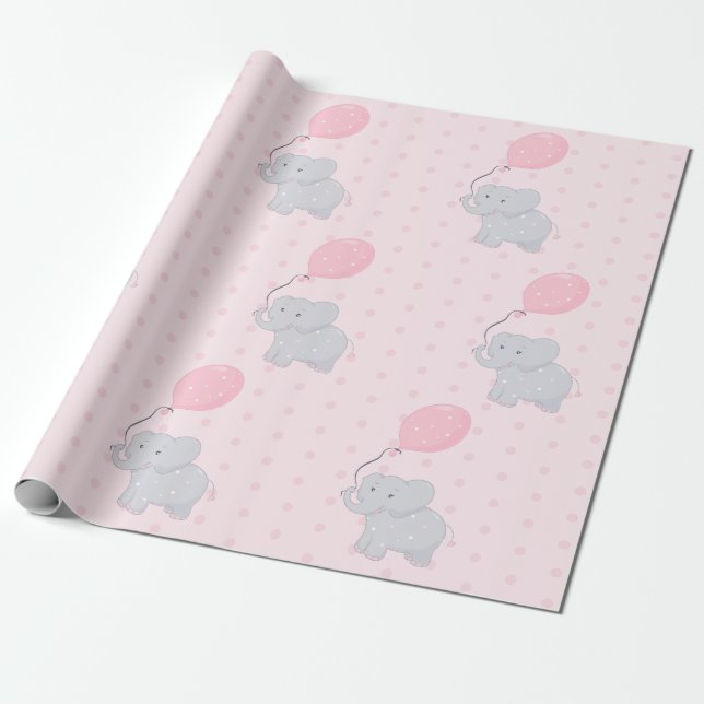 Cute Elephant Baby Shower Girl Pink Wrapping Paper (Unrolled)