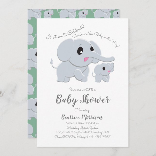 Cute Elephant Baby Shower Green Gender Neutral Invitation (Front/Back)