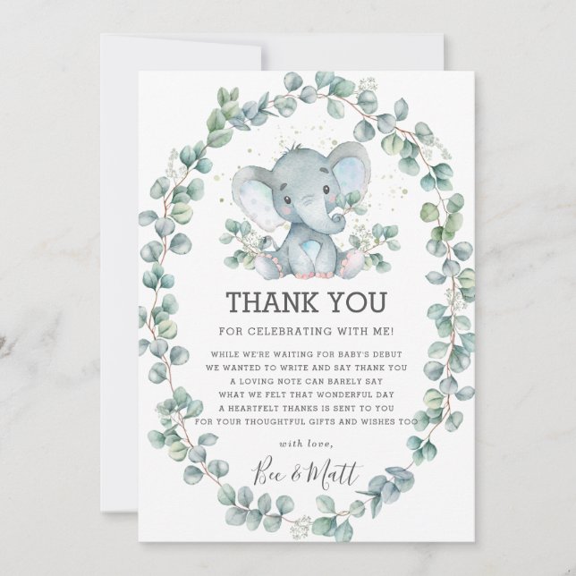 Cute Elephant Baby Shower Greenery Eucalyptus Boy Thank You Card (Front)