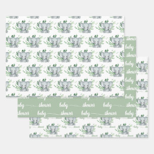 Cute Elephant Baby Shower Greenery Green White Wrapping Paper Sheet