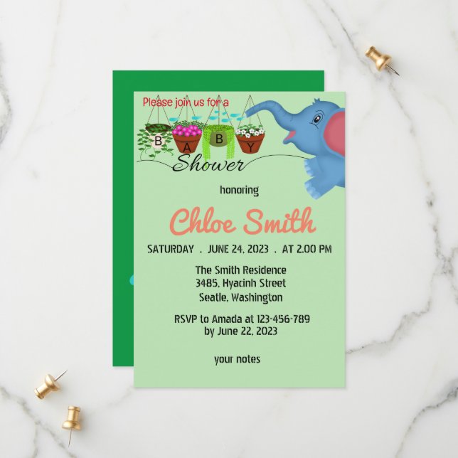 Cute elephant baby shower invitation (Front/Back In Situ)