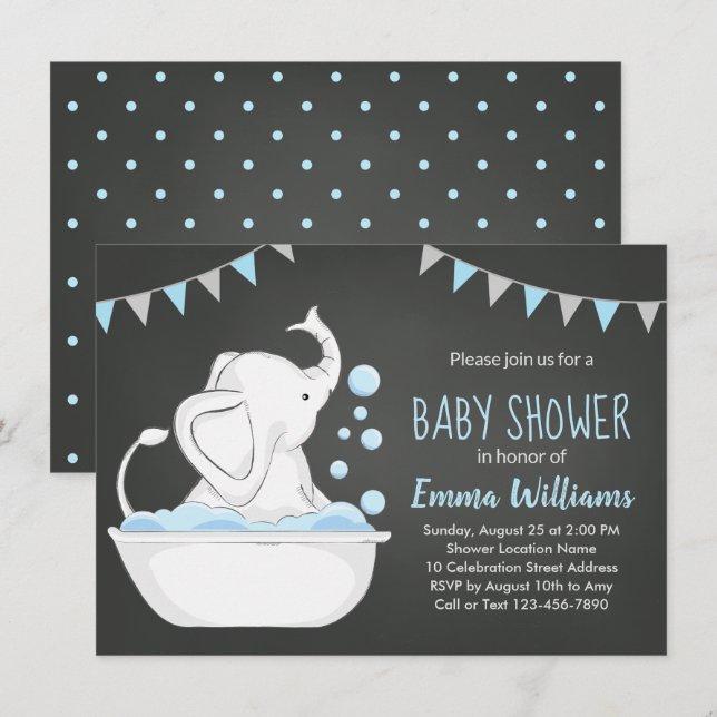 Cute Elephant Baby Shower Invitation for Boy Blue (Front/Back)